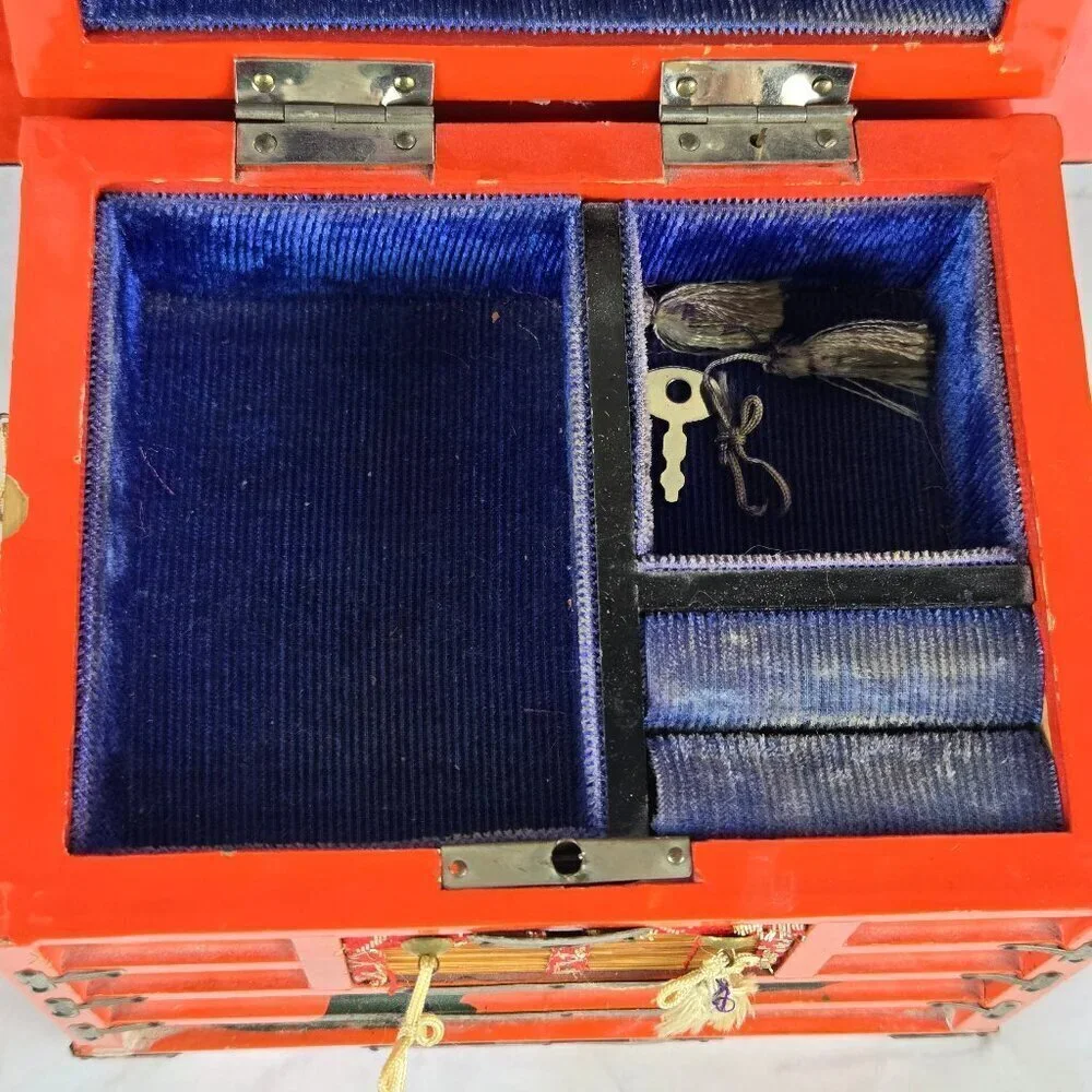Vintage Japanese Hand Painted Jewelry Box Hinged Lid Side Drawer Wooden
